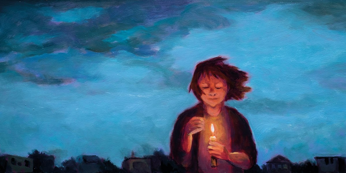Painting of a person holding a lit candle at dusk with houses silhouetted against a cloudy sky.