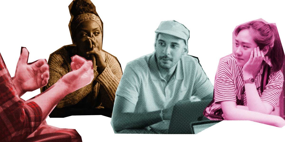Four people in colored halftone effect engaged in a serious group discussion.