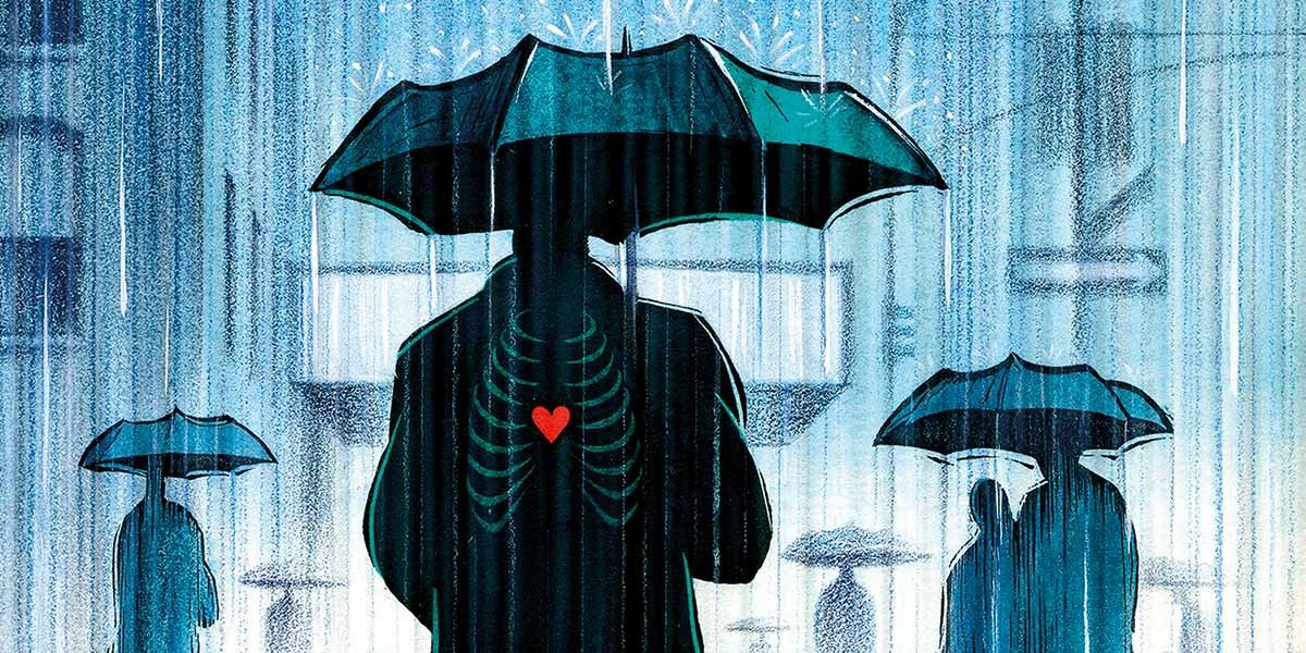 Illustration of people with umbrellas in rain, one shows ribs and a small red heart inside.