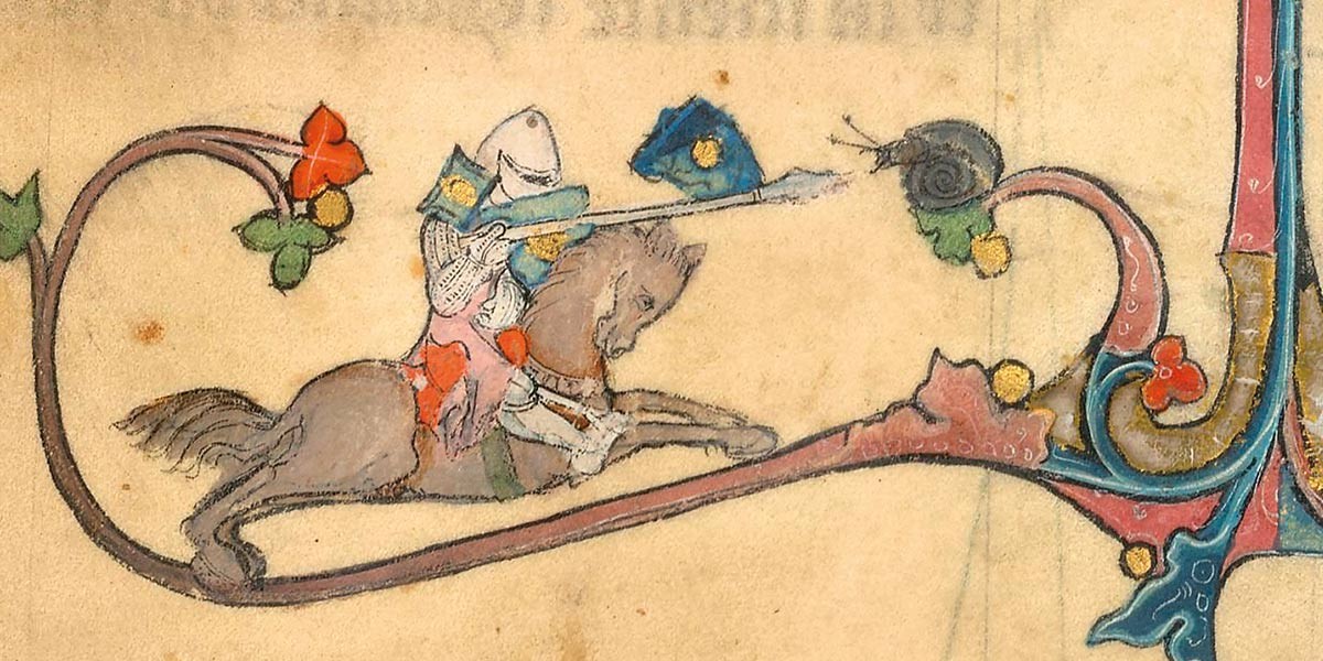 Medieval knight in armor on a horse aiming a lance at a snail on ornate vine decoration.