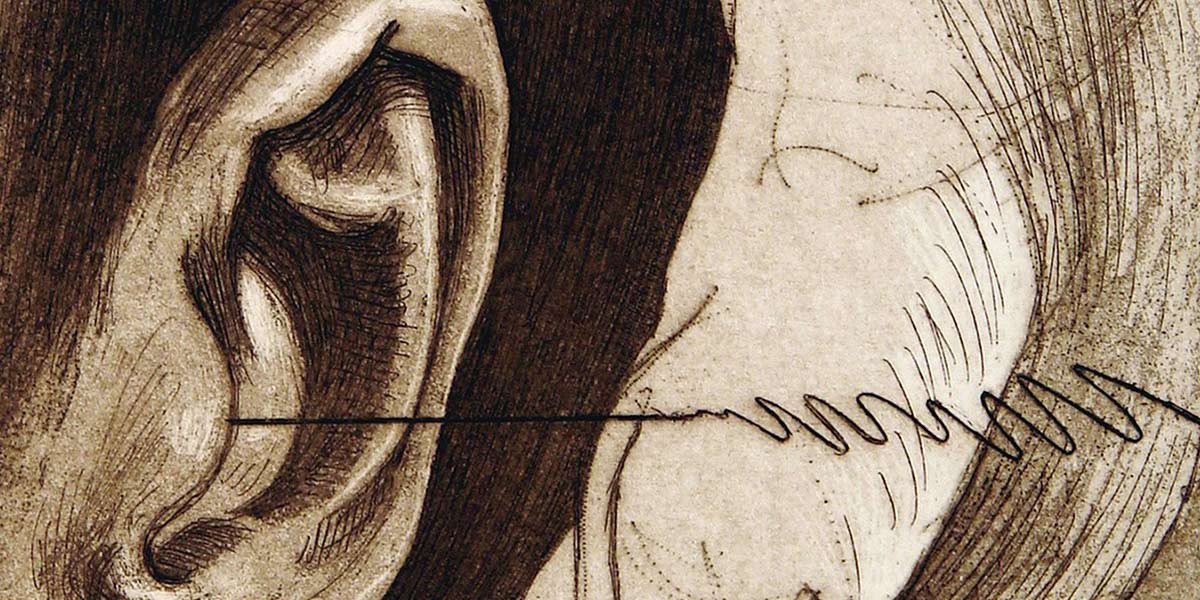 Close-up drawing of a human ear with a black wavy line extending from the ear canal outwards.