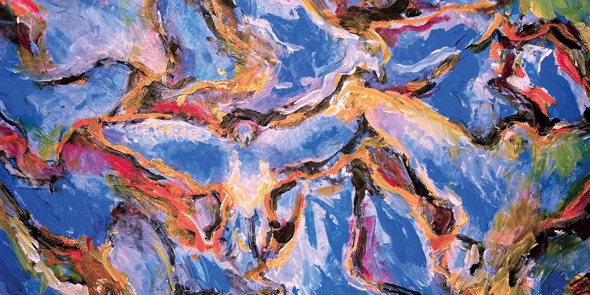 Abstract colorful painting with thick textured brush strokes in blue, orange, red, green, and black.