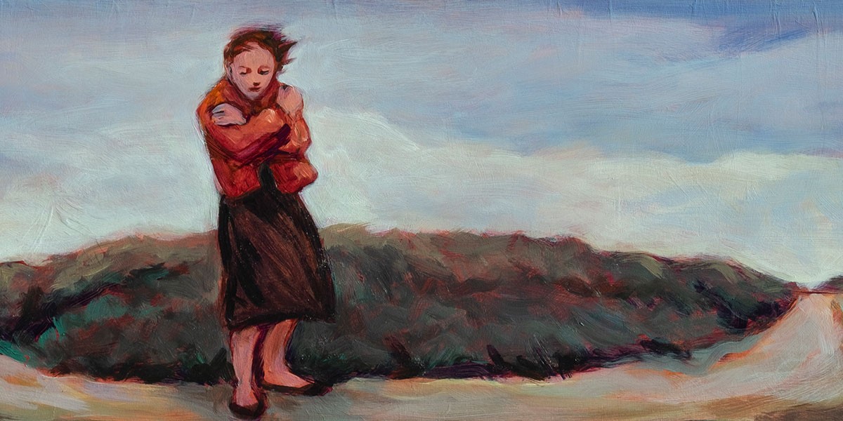 Painting of a solitary figure in a red top and black skirt standing barefoot on a muted landscape.
