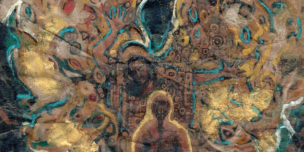 Abstract mural with human figures and swirling patterns in gold, blue, and brown tones.