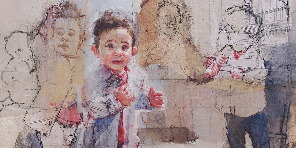 Abstract painting of a child in a white shirt and red tie amidst faded figures sketched in black lines.