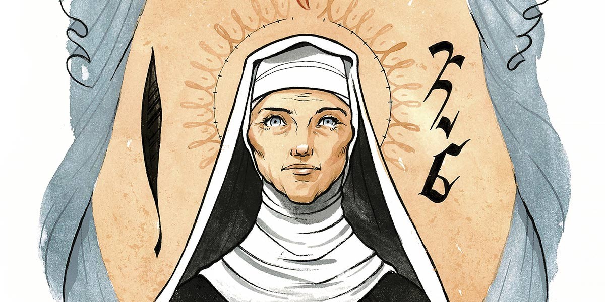 Illustration of a nun wearing a white and black habit with a halo and script around her head.