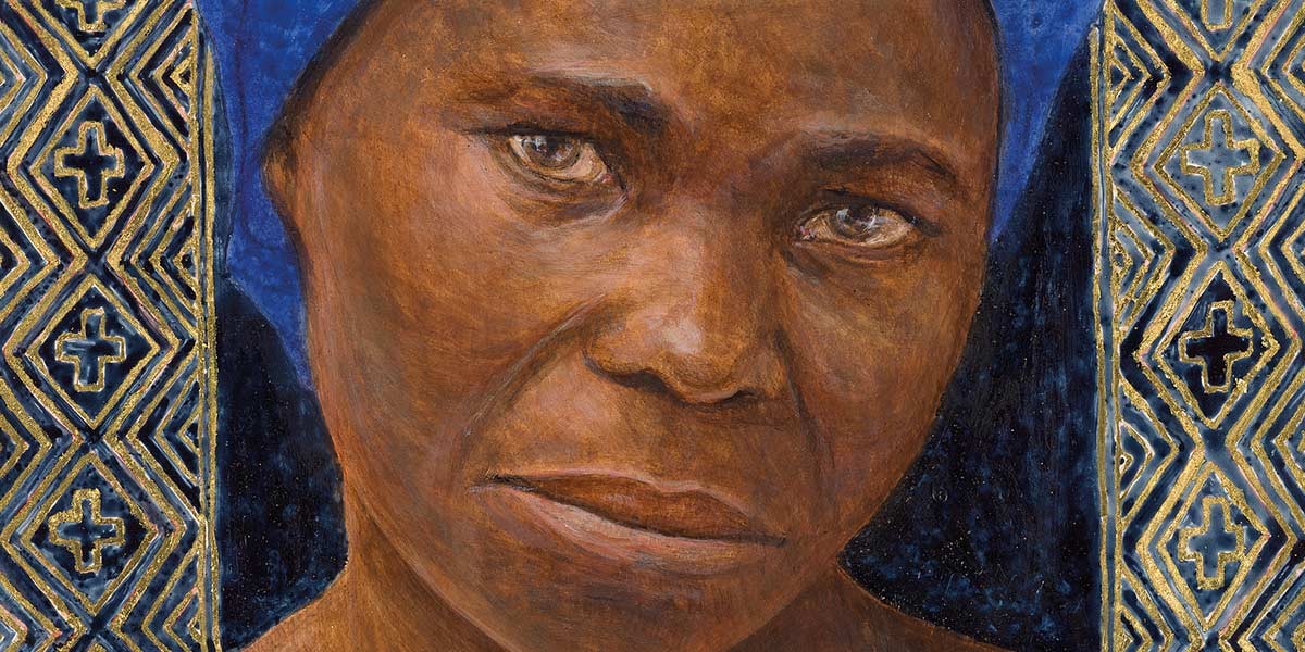 Painting of a woman with a solemn expression, brown skin, blue headscarf, and gold patterned borders.