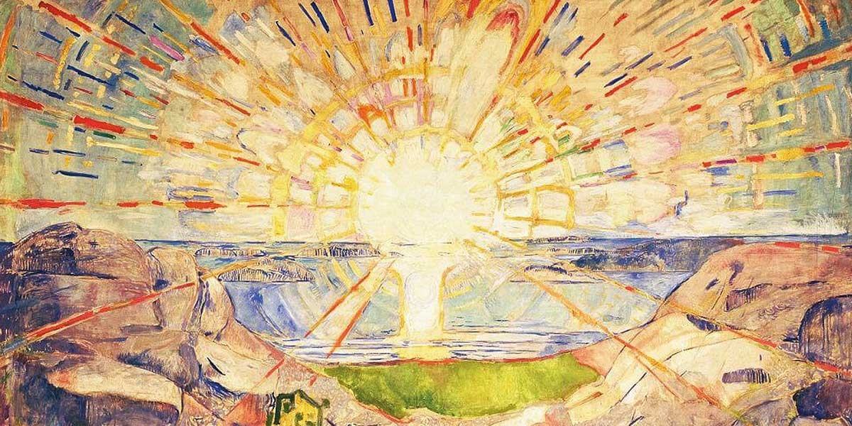 Abstract painting of a radiant sun over water with colorful rays and rocky foreground.