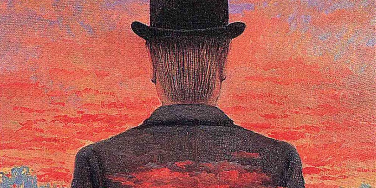 Man in black suit and bowler hat seen from behind against a red-orange textured sky.