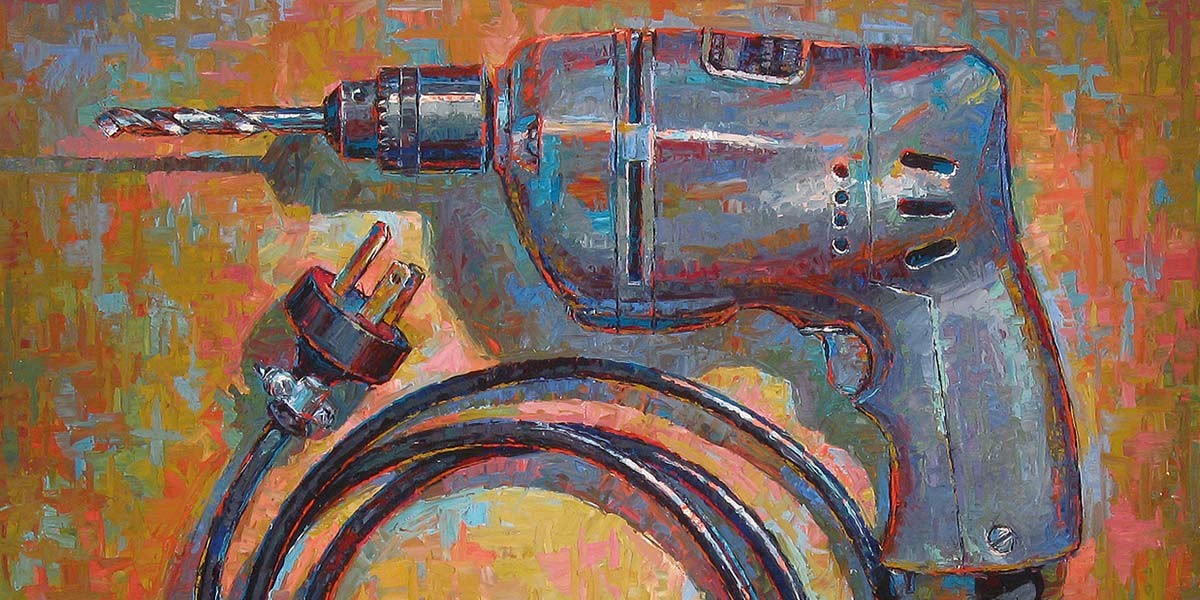 Oil painting of a vintage electric drill with a cord and plug on a colorful abstract background.