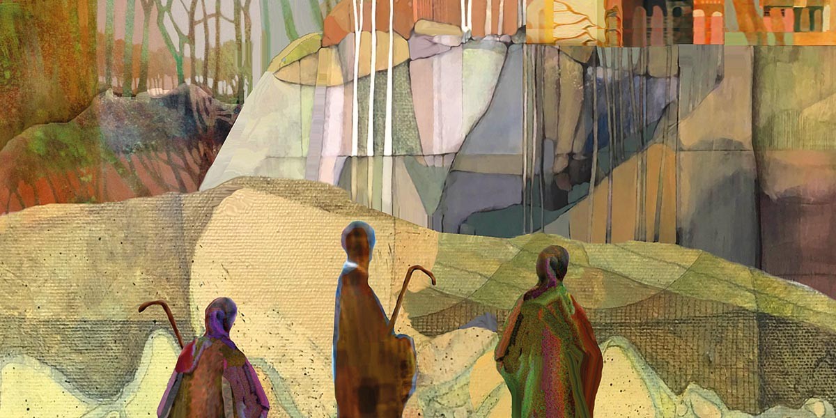 Abstract collage art showing three figures with staffs against layered textured backgrounds.