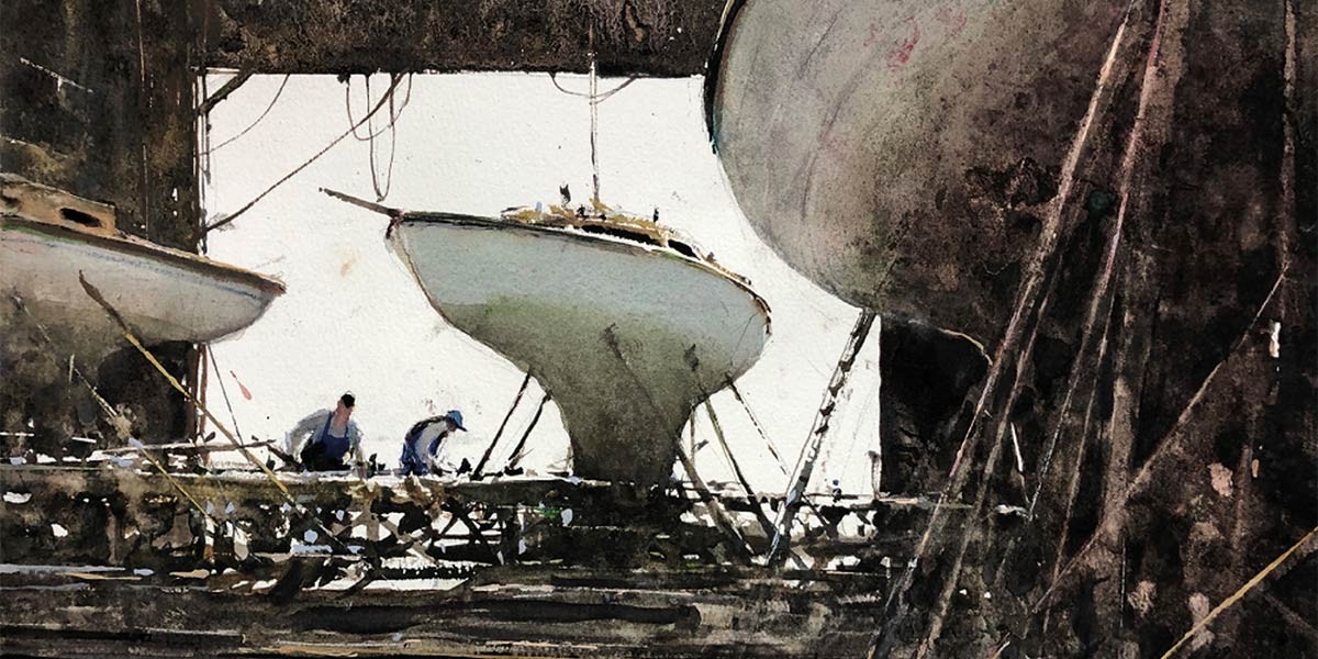 Two workers on scaffolding near boats in a shipyard or dry dock setting.