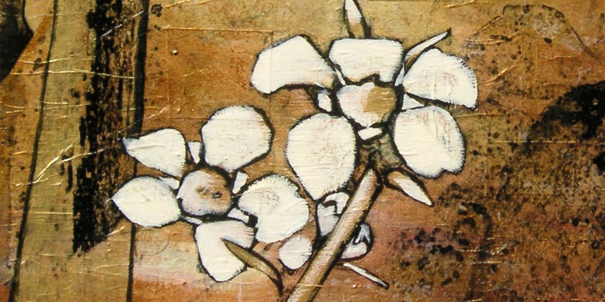 Close-up of two white flowers with petals on a textured brown and yellow background.