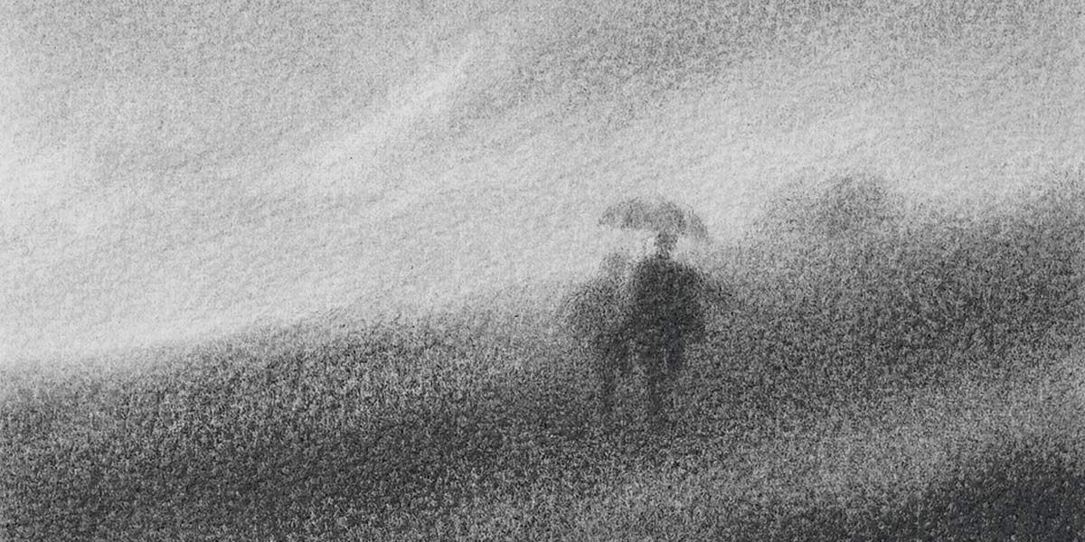 Grainy black-and-white image of two people holding umbrellas walking on a hill.