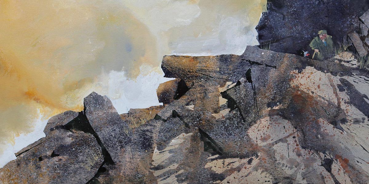 Painting of rugged rocky cliff with a person in green jacket and hat near the top right corner.