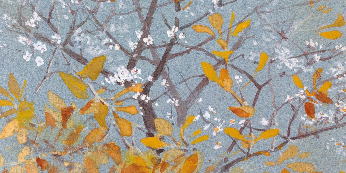 Watercolor painting of branches with white blossoms and yellow autumn leaves on a blue-gray background.