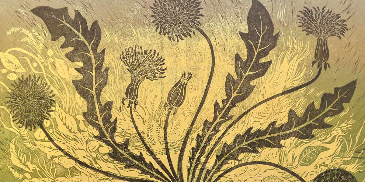 Artistic depiction of dandelions with jagged leaves and flower heads in shades of green and yellow.