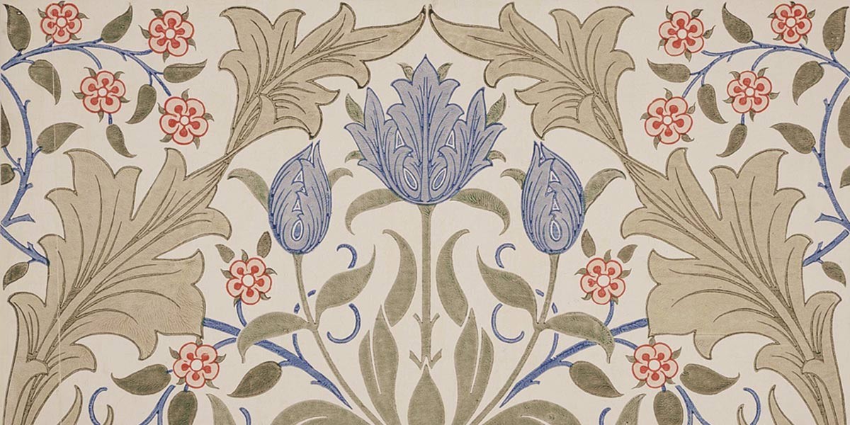 Symmetrical floral pattern with large beige leaves, blue tulip-like flowers, and small red blossoms on beige background.