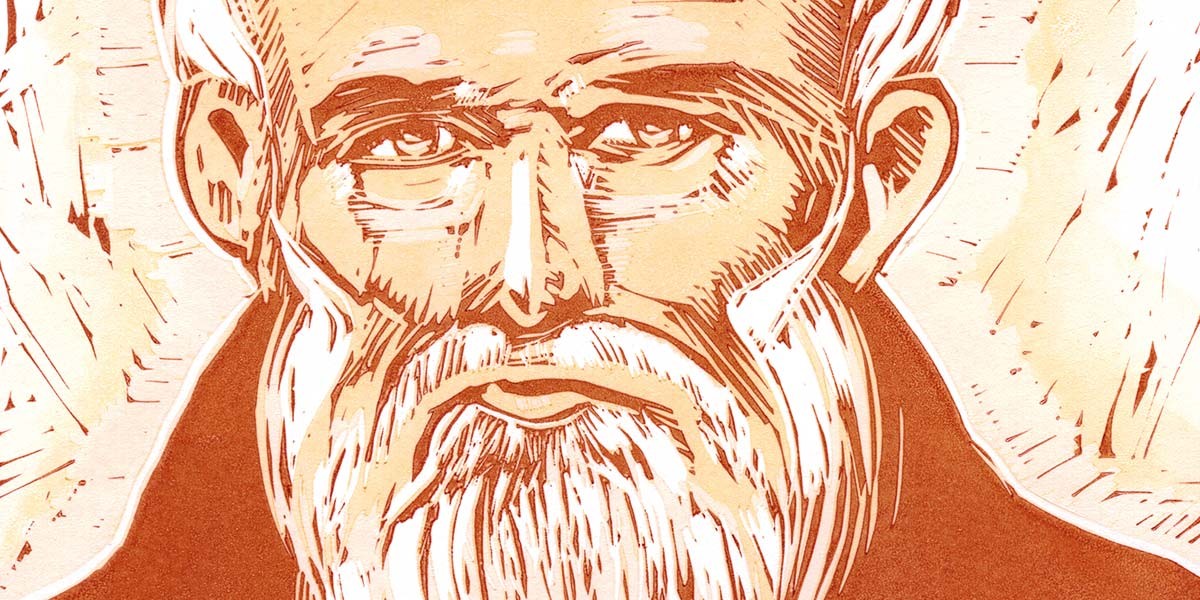 Detailed illustration of an elderly man with a long white beard and intense eyes.