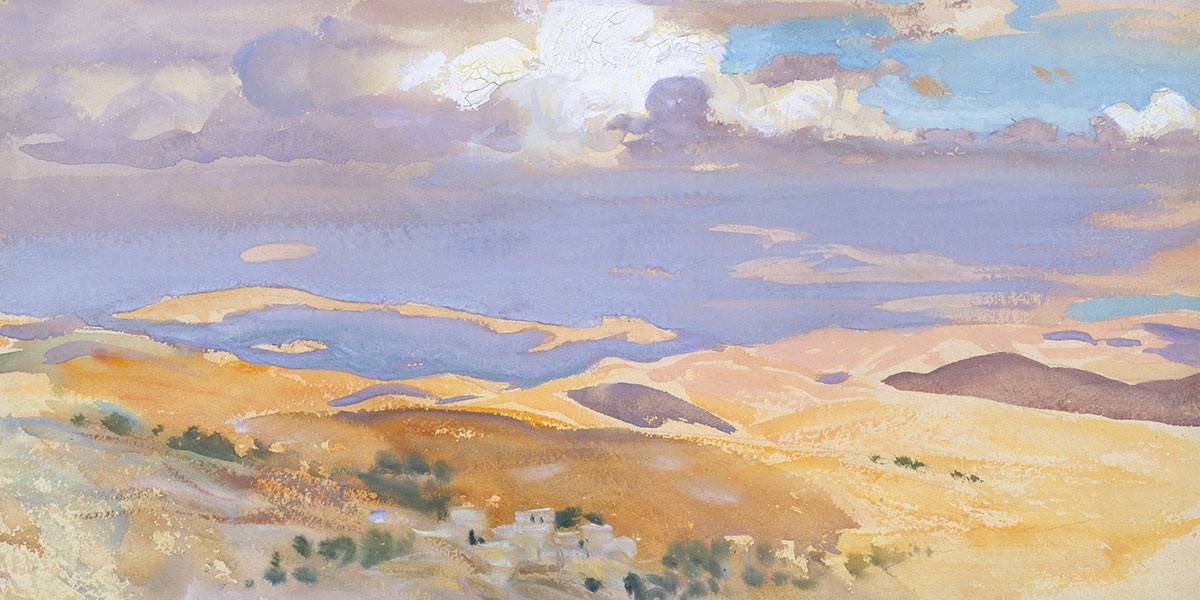 Watercolor painting of rolling golden hills beneath a partly cloudy blue sky.