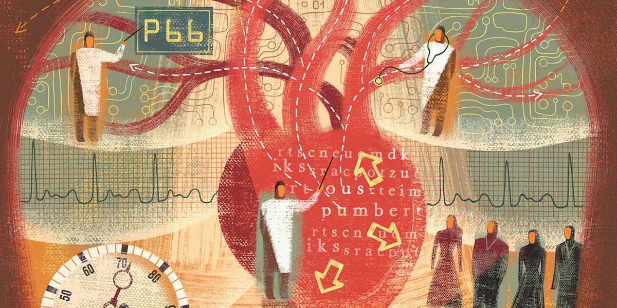 Illustration of medical professionals around a heart with ECG lines, blood pressure gauge, and data symbols.