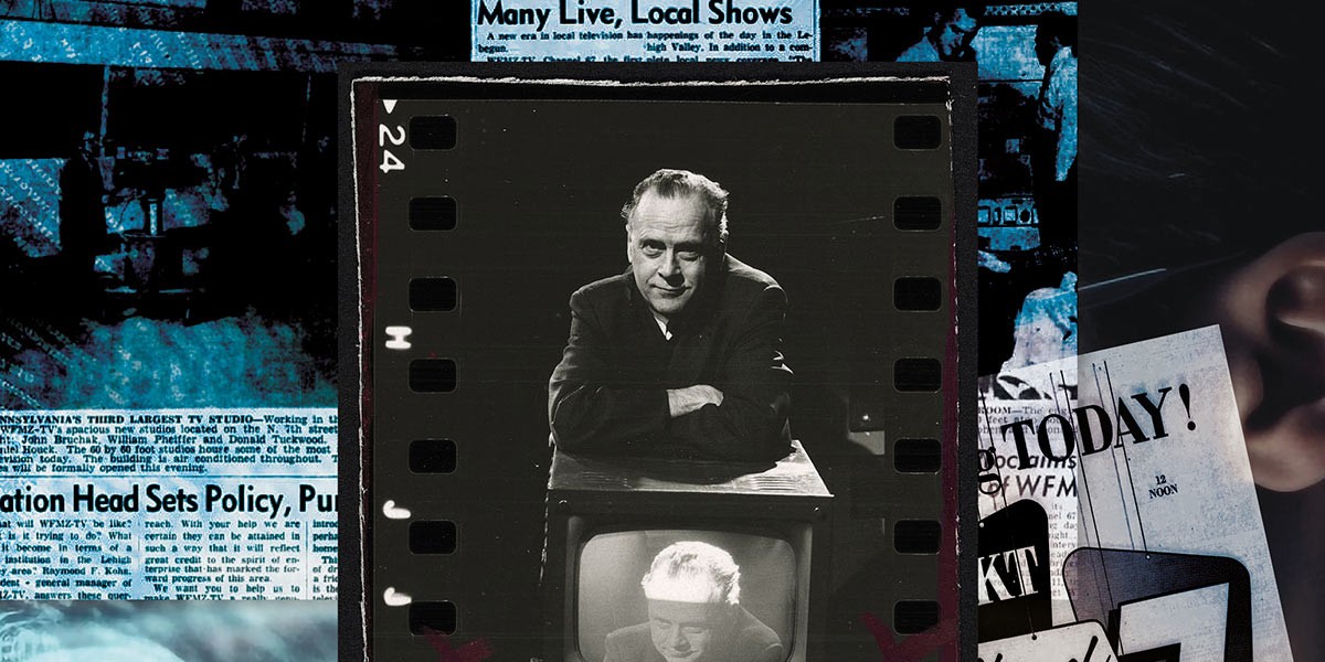 Black and white photo of a man leaning on a TV showing a child's face, framed by film strip edges.
