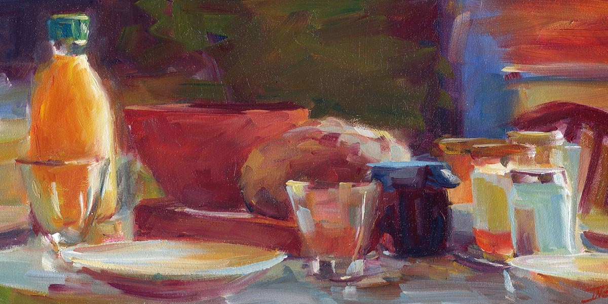 Impressionist painting of a breakfast table with orange juice, bread, jars, and glasses.