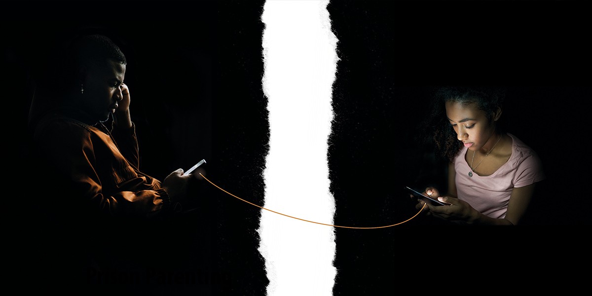 Man and woman separately using phones, connected by a glowing orange line across a torn white space.