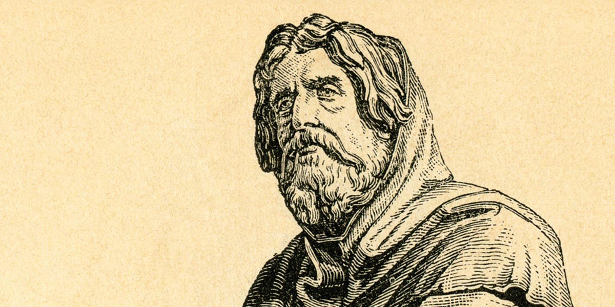 Black and white sketch of a bearded man wearing a hooded cloak looking to his right.