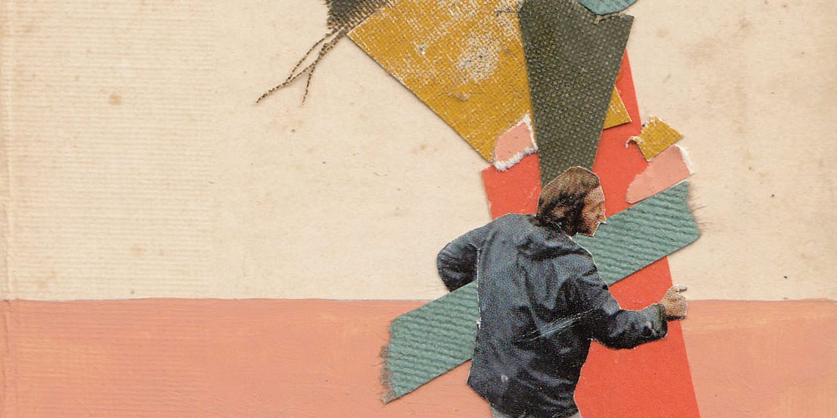 Collage of a person in a dark jacket walking past layered torn paper shapes on a textured background.