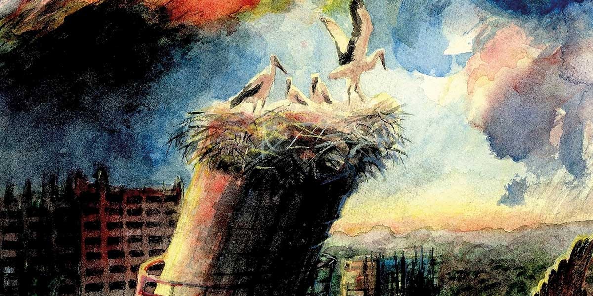Watercolor painting of birds nesting atop a tall chimney-like structure against a colorful sky.