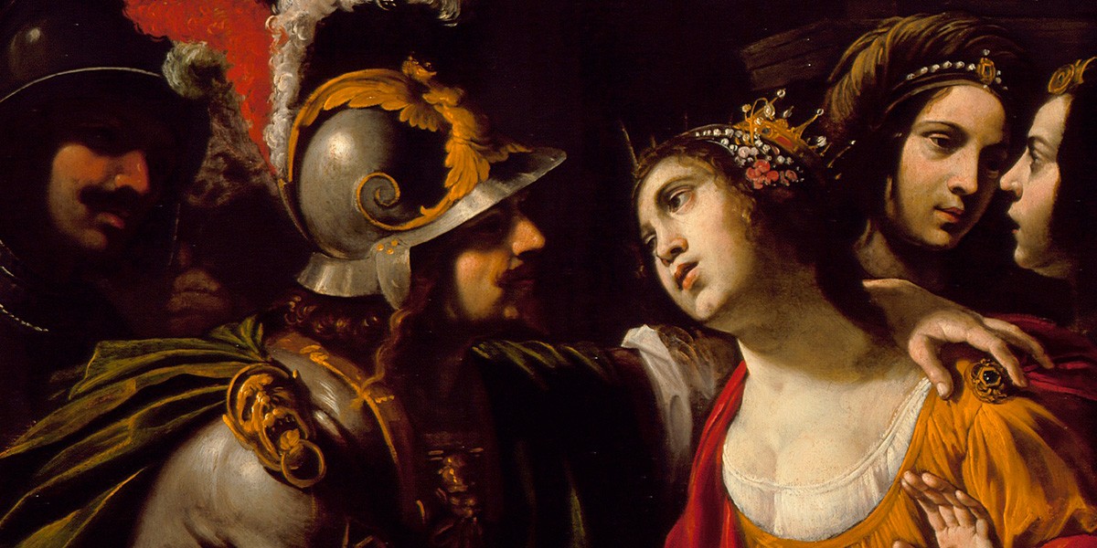 Renaissance painting of a soldier with helmet and a sorrowful woman with crown and floral headpiece.