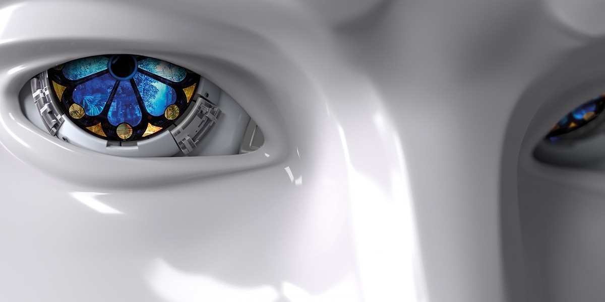 Close-up of a glossy white robot face showing detailed mechanical blue eyes with colorful patterns.