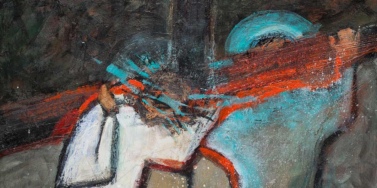 Abstract painting with dark background, blue circular shape, and red brush strokes across central figures.