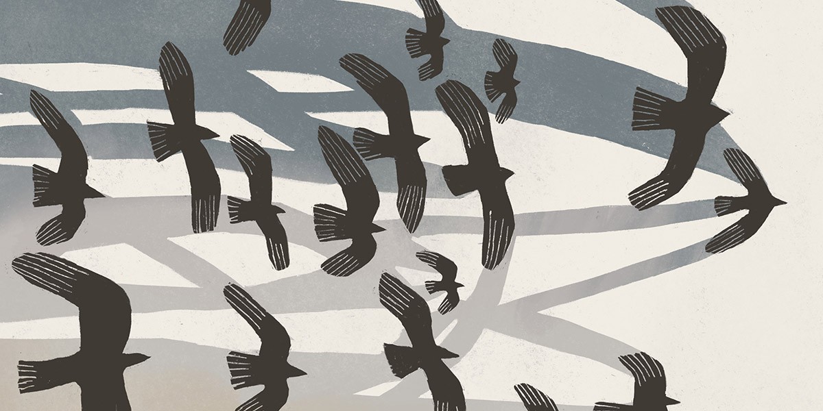 Illustration of black birds flying over abstract background with blue and gray shapes.