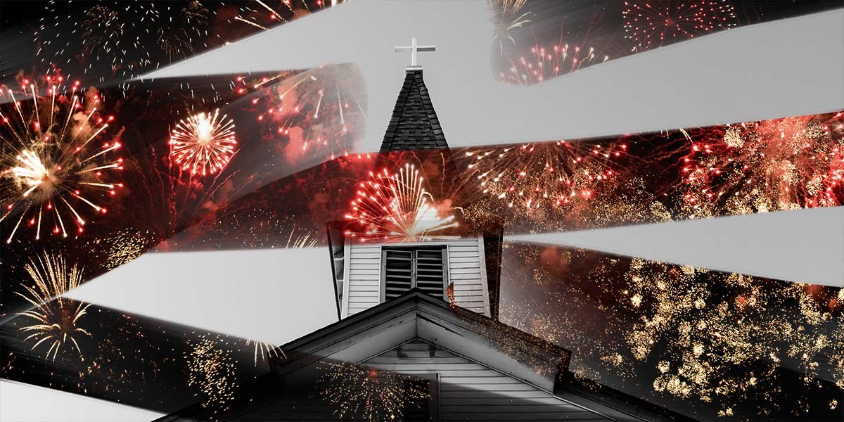 White church steeple with cross overlaid by firework bursts and American flag stripes.