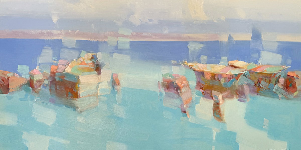 Abstract seascape painting with blocks of blue water, sky, and hints of orange rocky formations.