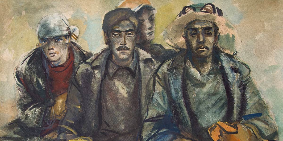 Painting of four men wearing jackets and hats, with serious expressions in muted earth tones.