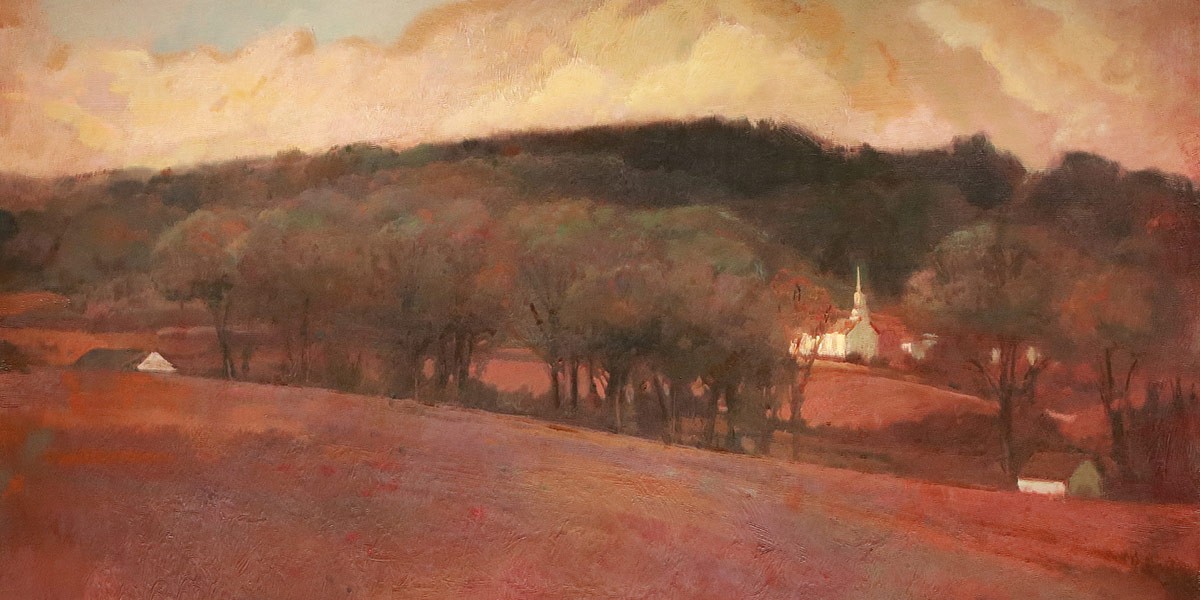 Painting of a rural landscape with reddish fields, a white church with a steeple, and trees under a cloudy sky.