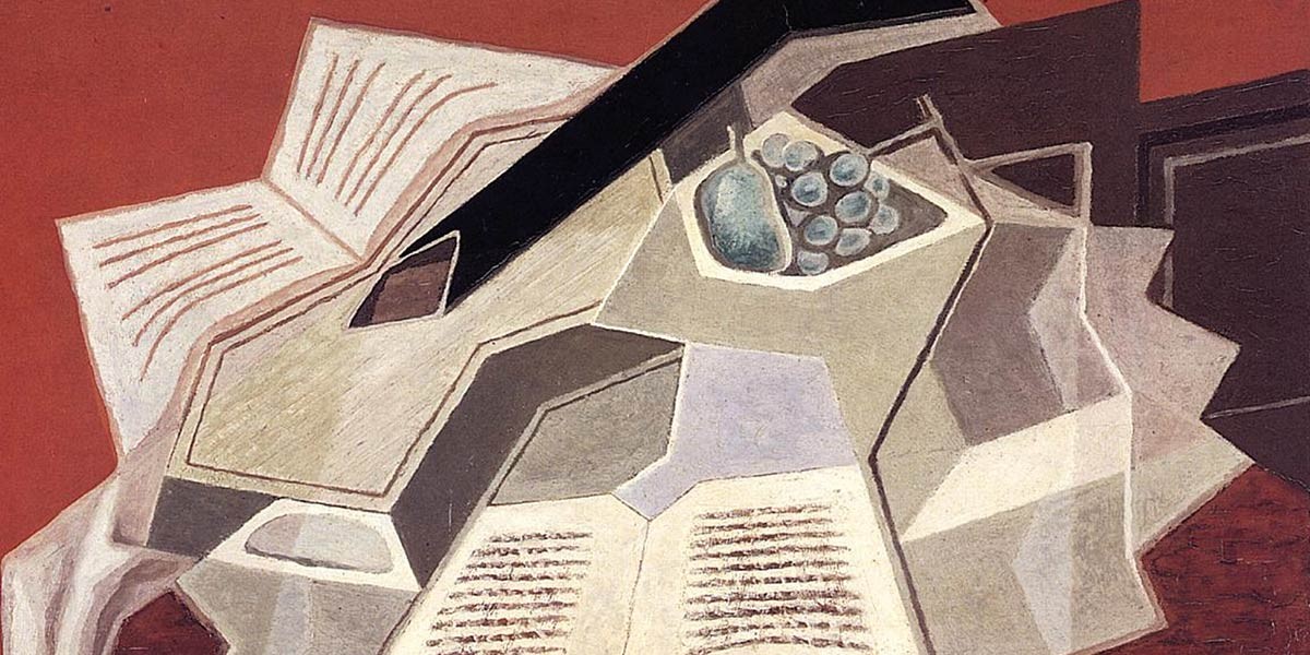 Cubist still life painting with open books and a bowl of fruit on a table with a rust background.
