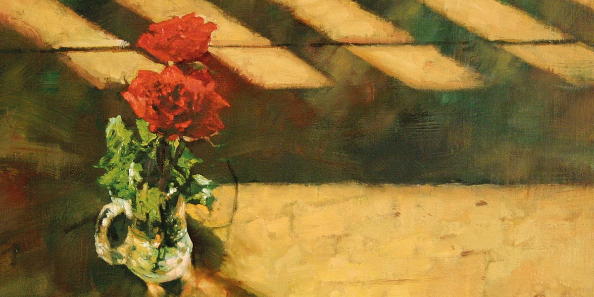 Painting of two red roses in a glass vase with sunlight casting shadows on a yellow surface.