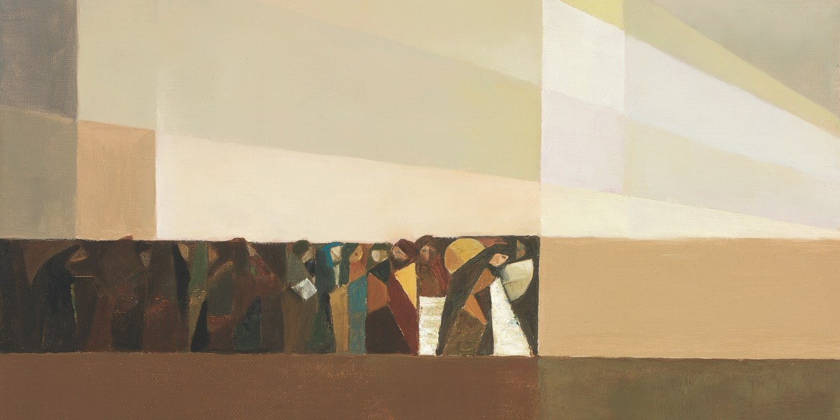 Abstract painting with small group of geometric figures in dark and muted earth tones under light beige background.