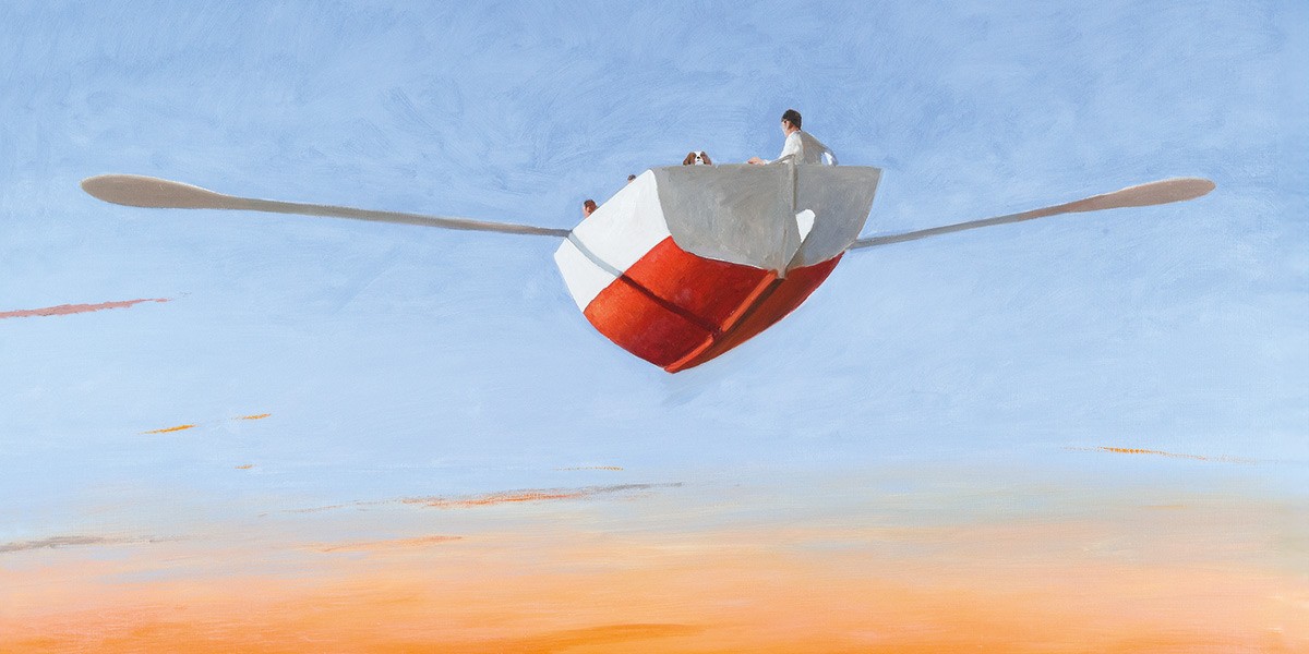 A small white and red rowboat floats in the air with people sitting inside against a sky background.