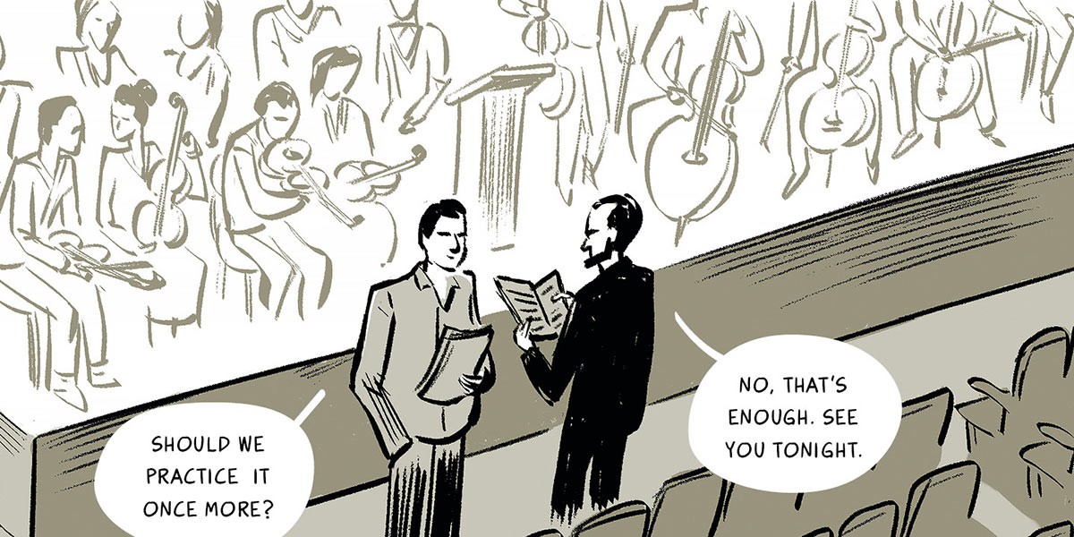 Two men talk in an empty theater with a sketched orchestra on stage; one asks about practicing once more.