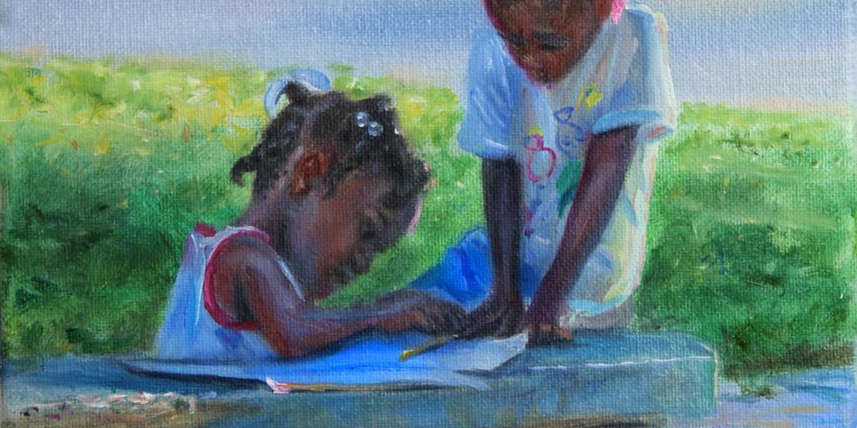 Painting of two young children outdoors, one sitting and writing, the other standing and watching.