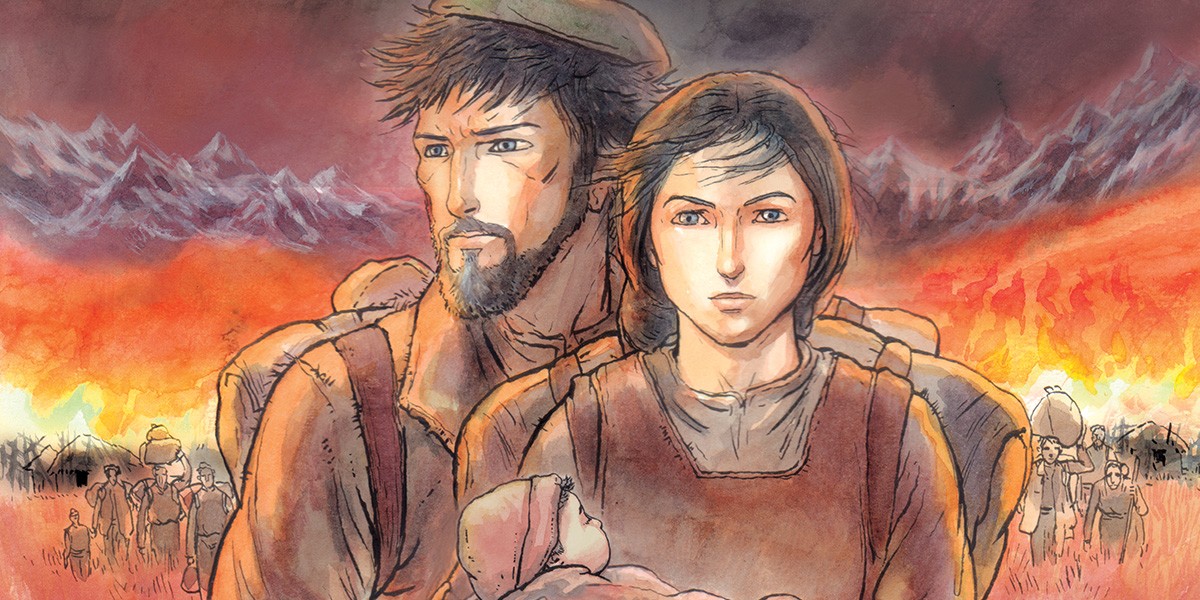 Watercolor of a serious man and woman carrying a baby with a burning village and mountains behind them.