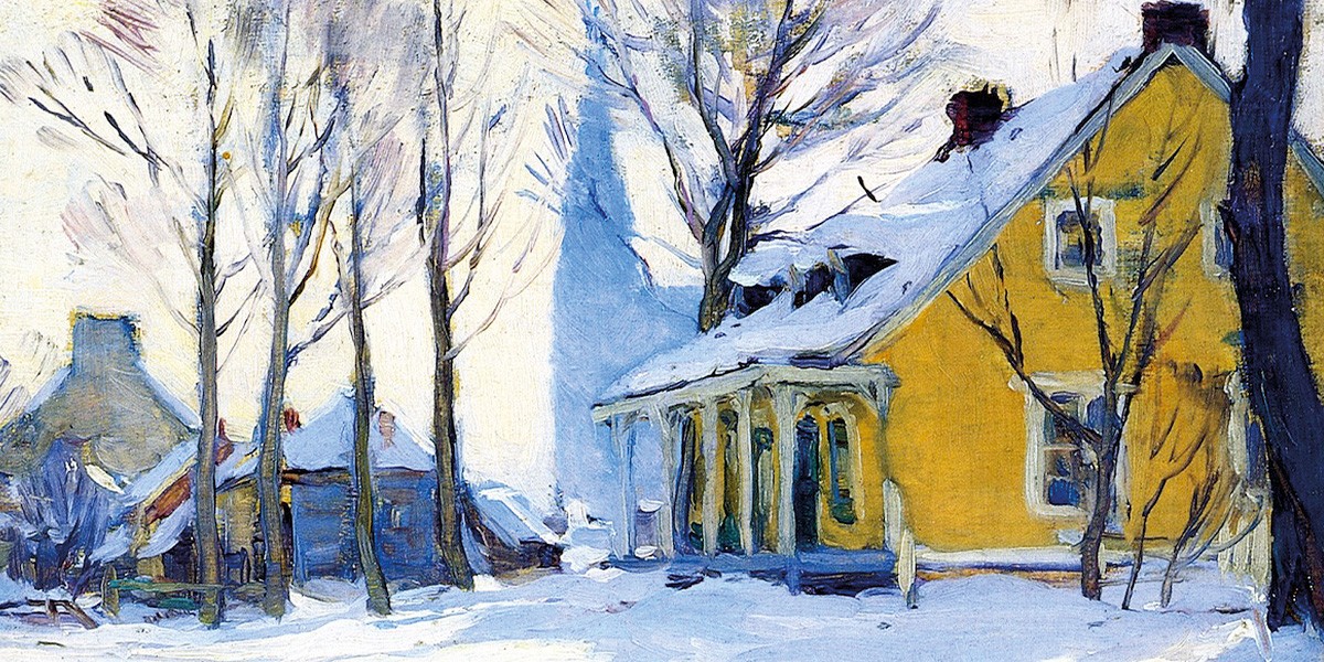 Snowy winter scene with a yellow house surrounded by leafless trees and white snow.