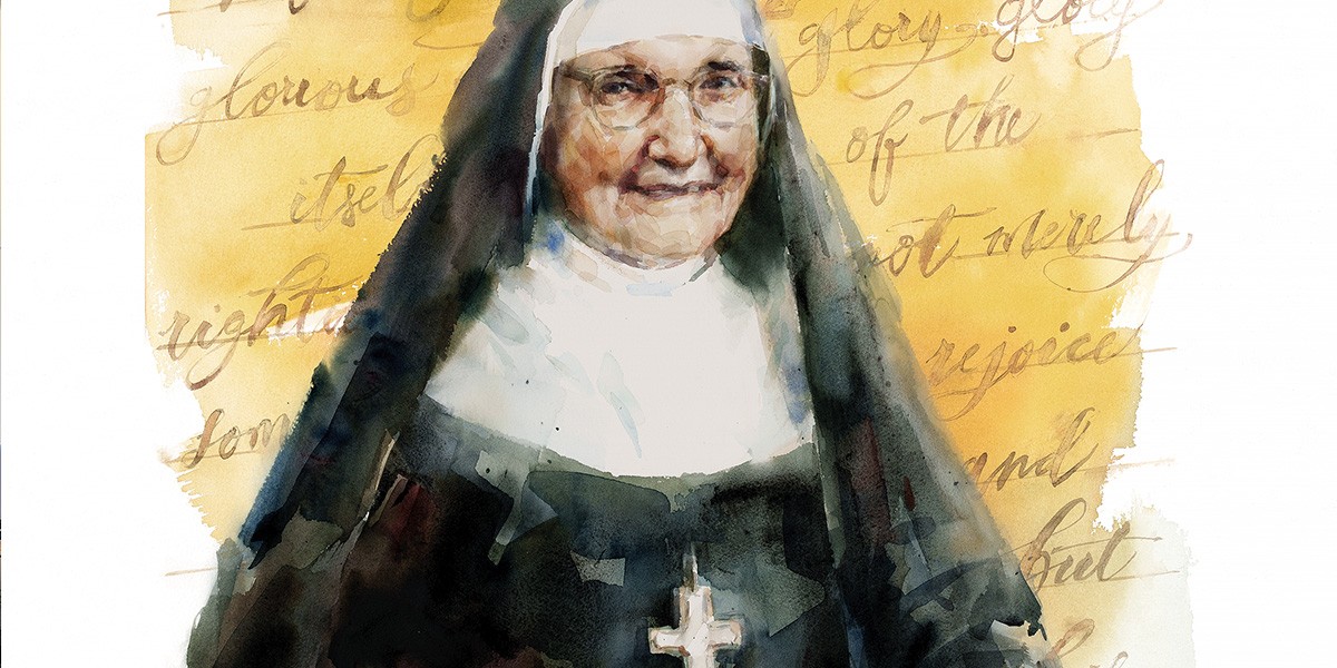 Watercolor portrait of a smiling nun wearing glasses and a cross necklace with cursive writing background.