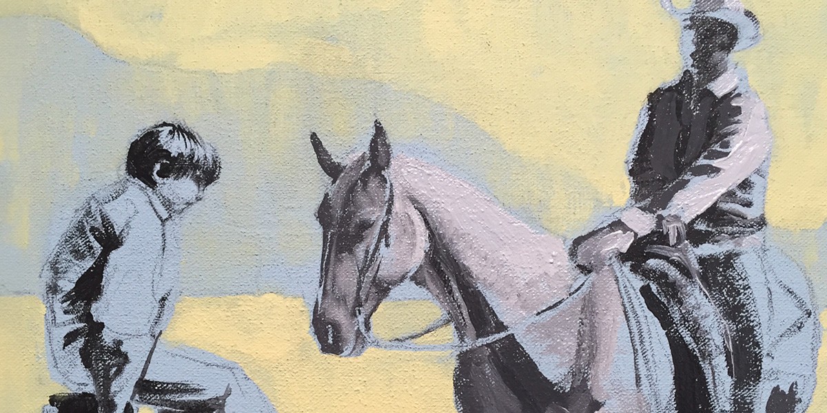 Painting of a child sitting on a fence and a man wearing a cowboy hat riding a horse.