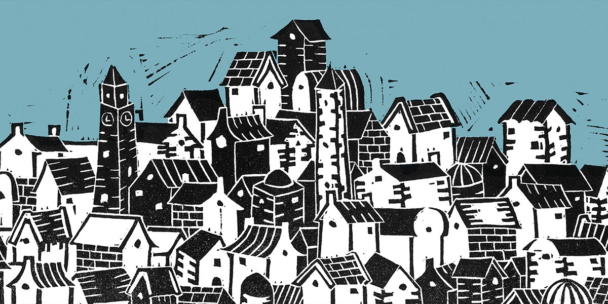 Black and white stylized houses and buildings clustered under a blue sky.